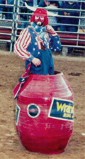 Festus Alcock, rodeo clown in his barrel